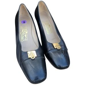Salvatore Ferragamo Black Leather Block Heel Pumps Square Toe Gold Logo Size 8